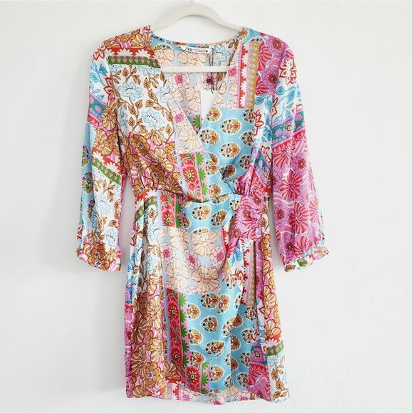 ZARA Satin Effect Patchwork Paisley Print Dress Pink and Blue Size XS - Picture 4 of 9